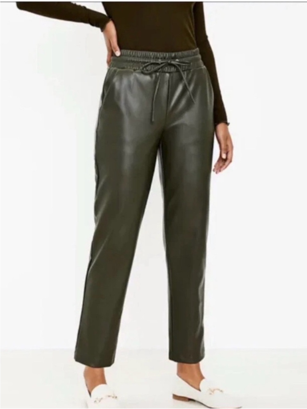 LOFT Olive/Gray Faux-Leather Straight-Leg Drawstring Pants. Size SP